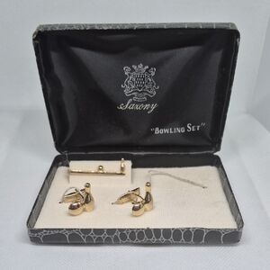 SAXONY Vintage Gold Tone Bowling Pin and Ball Cufflinks & Tie Clip Set